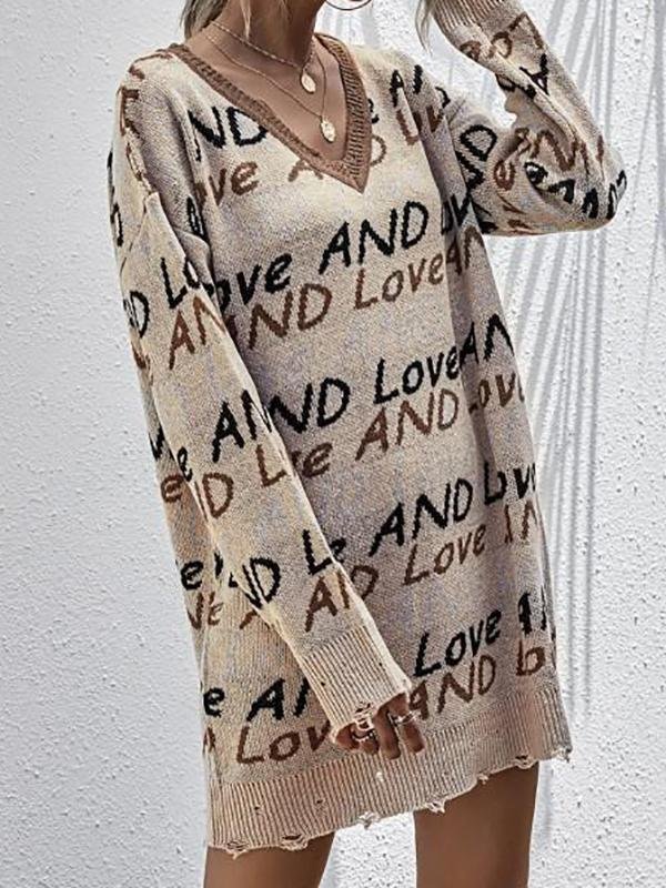 Lettering Graphic Distressed V Neck Sweater Dress - LuckyFash™