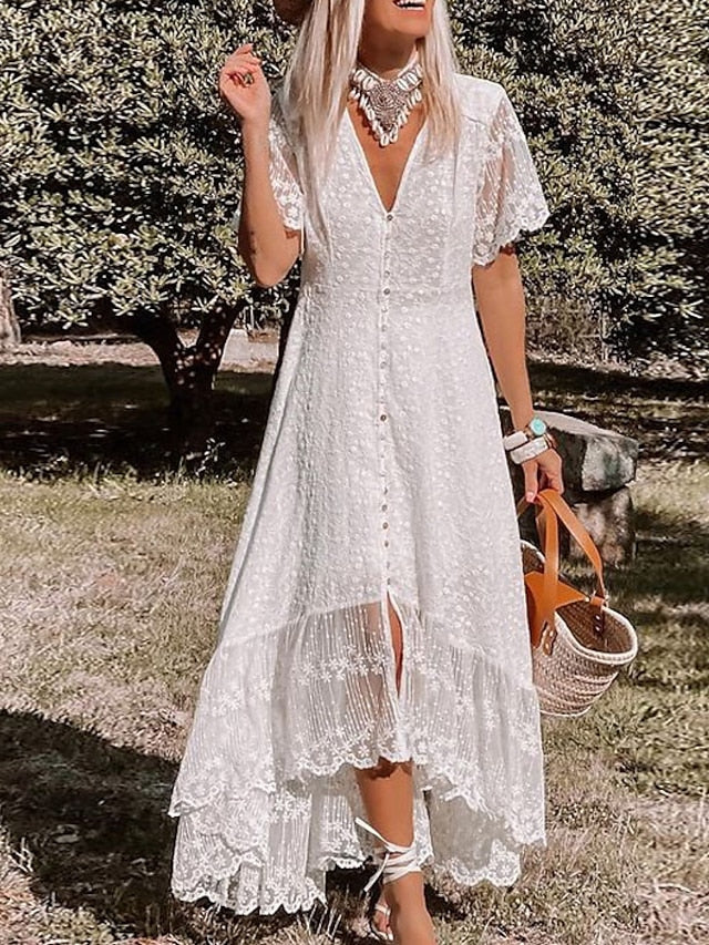 Swing Dress White Dress Midi Dress White Short Sleeve Pure Color Lace Spring Summer V Neck Mature Weekend  S M L XL for Women