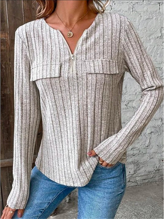 Women's Blouse Ribbed Plain Gray Zipper Long Sleeve Casual Going out Fashion Streetwear V Neck Regular Fit Spring