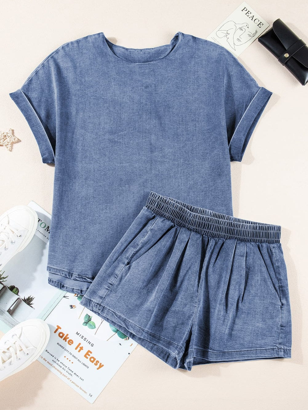 Light Blue Denim Elastic Waistband Shorts Set with Cuffed Sleeve Tee