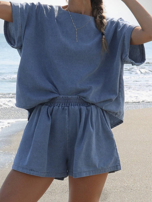 Light Blue Denim Elastic Waistband Shorts Set with Cuffed Sleeve Tee