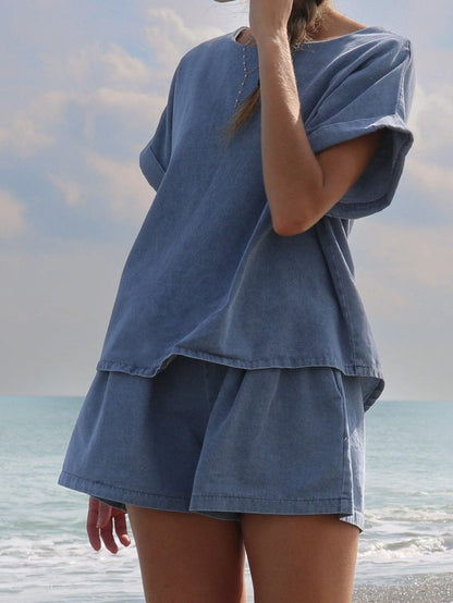 Light Blue Denim Elastic Waistband Shorts Set with Cuffed Sleeve Tee