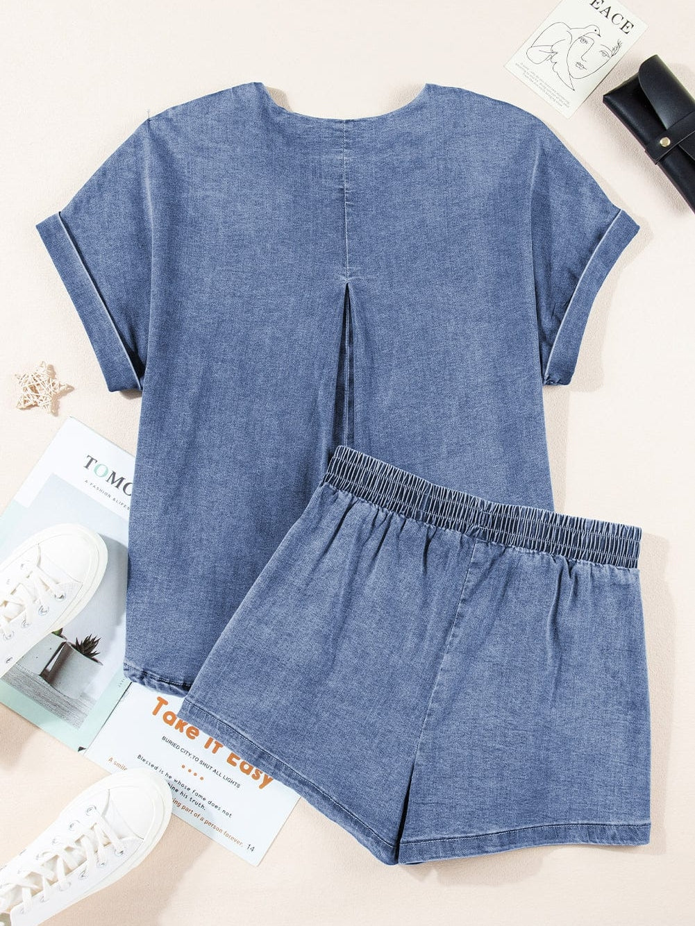 Light Blue Denim Elastic Waistband Shorts Set with Cuffed Sleeve Tee