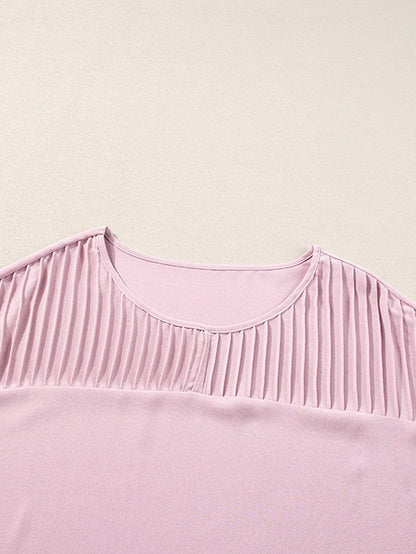 Light Pink Pleated Patch Crew Neck T-Shirt