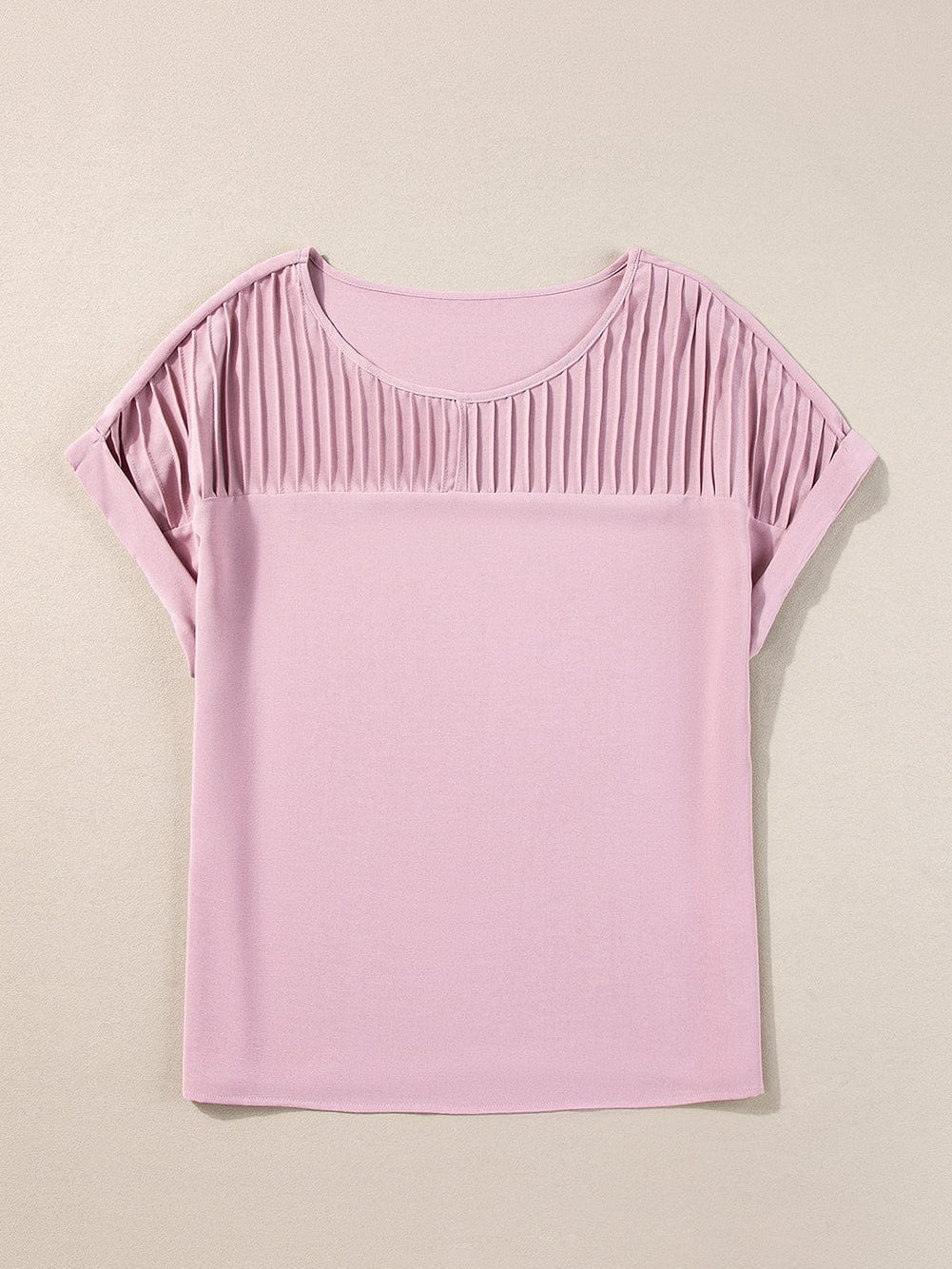 Light Pink Pleated Patch Crew Neck T-Shirt