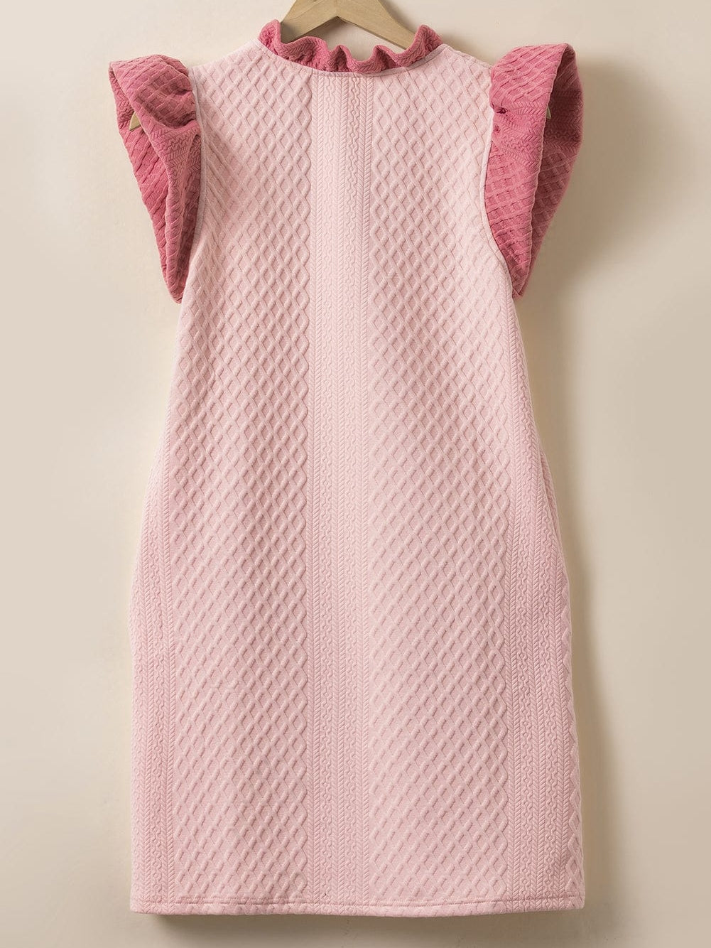 Light Pink Ruffled V-Neck Shift Mini Dress with Textured Puff Sleeves