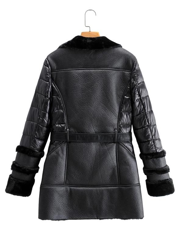 Lined Padded Belted PU Coat - LuckyFash™