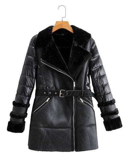 Lined Padded Belted PU Coat - LuckyFash™