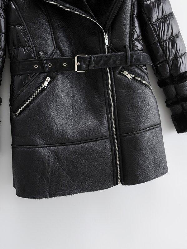 Lined Padded Belted PU Coat - LuckyFash™