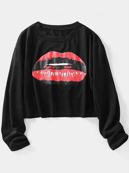 Lip Letter Graphic Raw Hem Crop Sweatshirt for Women