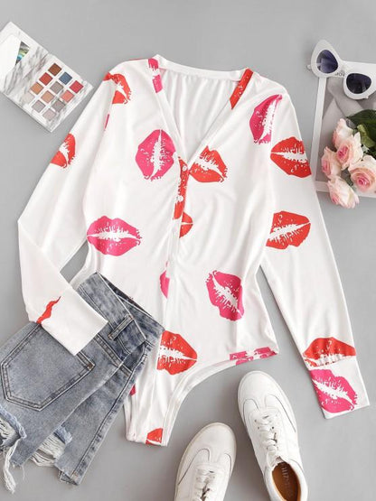 Lips Print Long Sleeve Bodysuit for Women