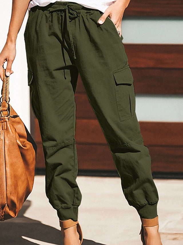 Women's Cargo Pants Pants Trousers Cuffed Cargo Drawstring Multiple Pockets Plain Comfort Full Length Casual Weekend Fashion Green Black Mid Waist Micro-elastic - LuckyFash™