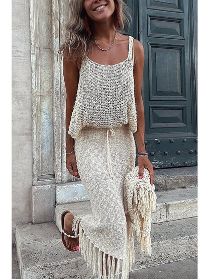Women's Sweater Set Jumper Crochet Knit Tassel Hole Solid Color Strap Stylish Casual Daily Holiday Fall Spring Khaki Dark Gray S M L - LuckyFash™