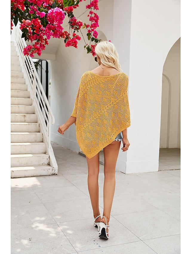 Women's Shrug Jumper Crochet Knit Cropped Hole Pure Color Crew Neck Casual Daily Drop Shoulder Summer Spring Yellow