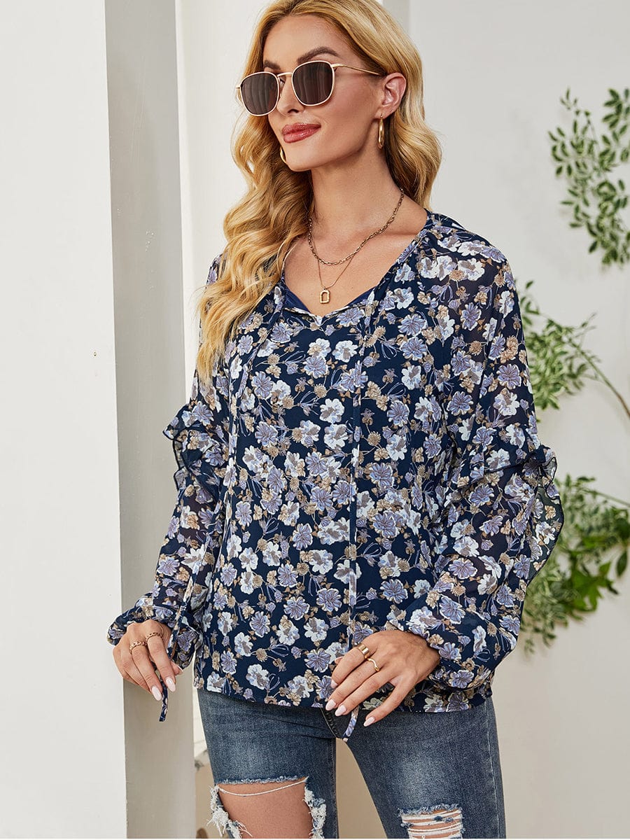 Long Sleeve Floral Printed Loose Chiffon T-Shirt