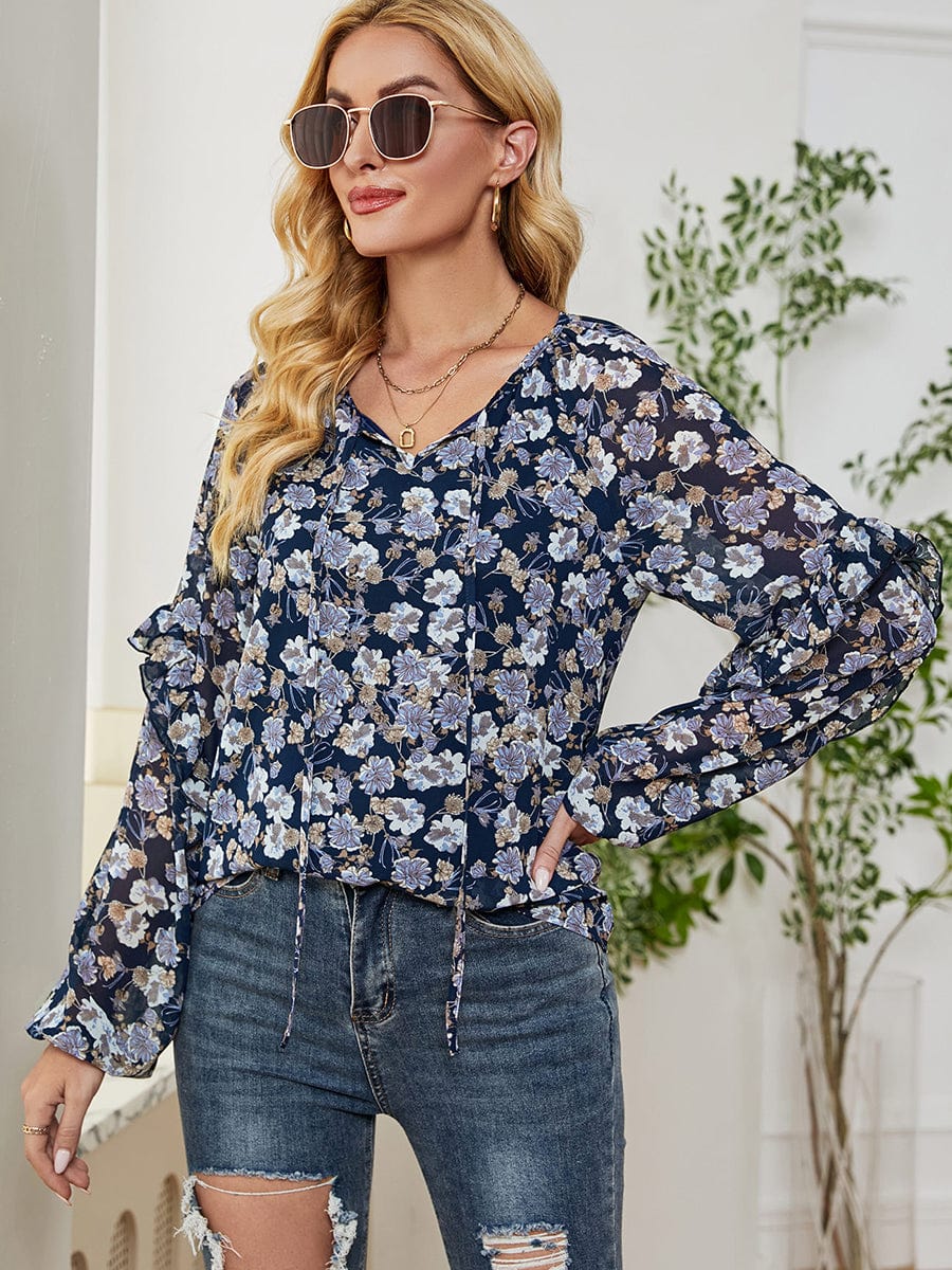 Long Sleeve Floral Printed Loose Chiffon T-Shirt