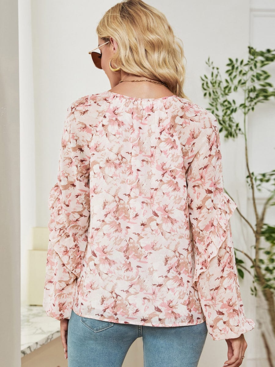 Long Sleeve Floral Printed Loose Chiffon T-Shirt