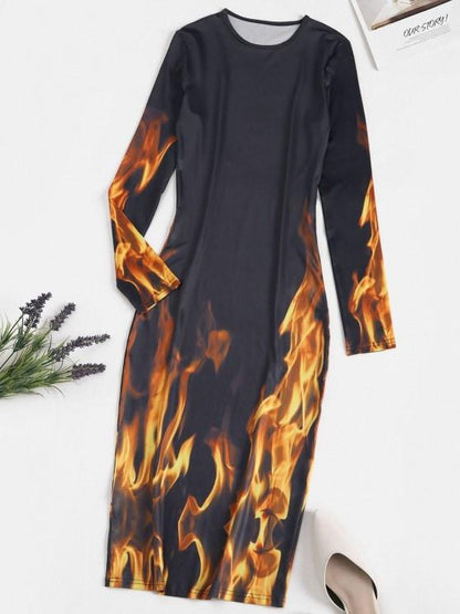 Long Sleeve Hot Flame Print Bodycon Dress for Women