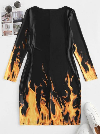 Long Sleeve Hot Flame Print Mini Dress - LuckyFash™