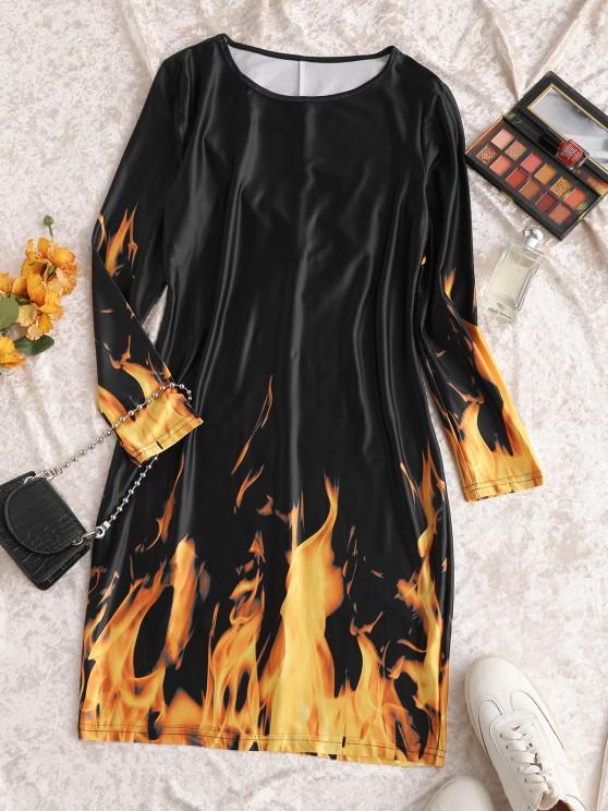 Long Sleeve Hot Flame Print Mini Dress - LuckyFash™