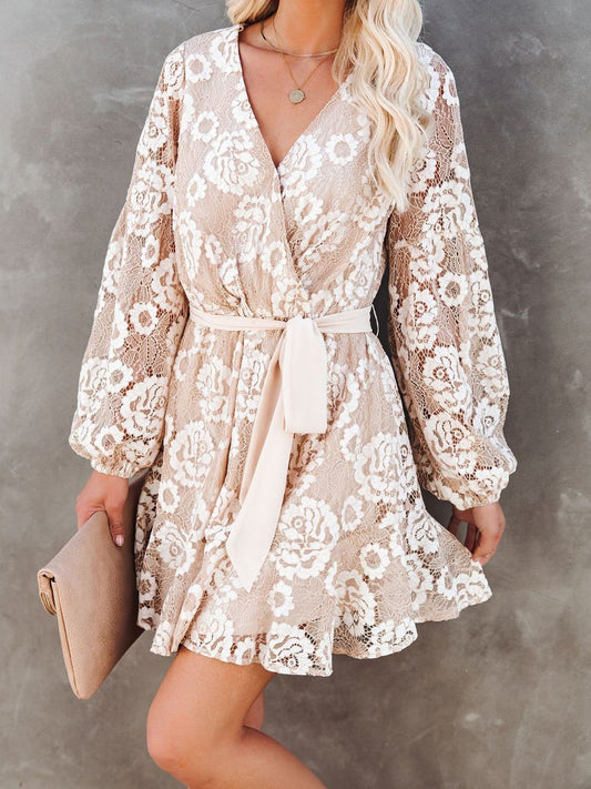 Long Sleeve Lace Printed Bohemian Ruffle Dress for Women