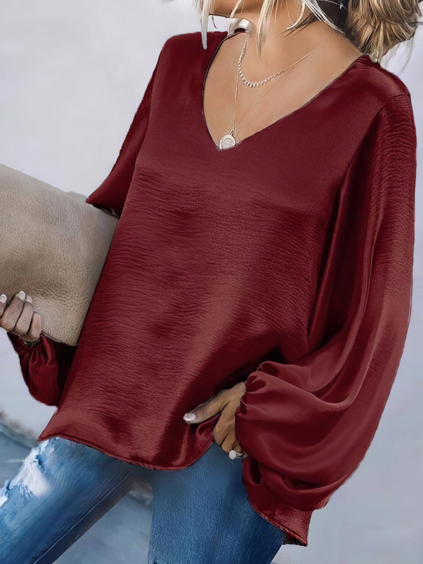 Long Sleeve Loose V-neck Solid Blouse