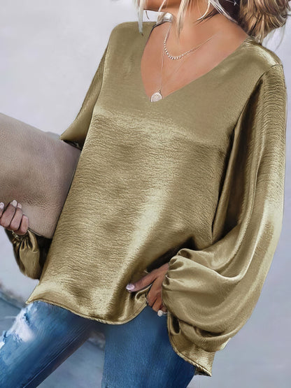 Blouses - Long Sleeve Loose V-neck Solid Blouse - MsDressly