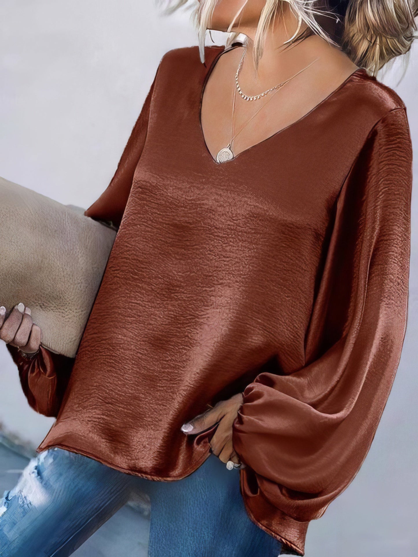 Blouses - Long Sleeve Loose V-neck Solid Blouse - MsDressly