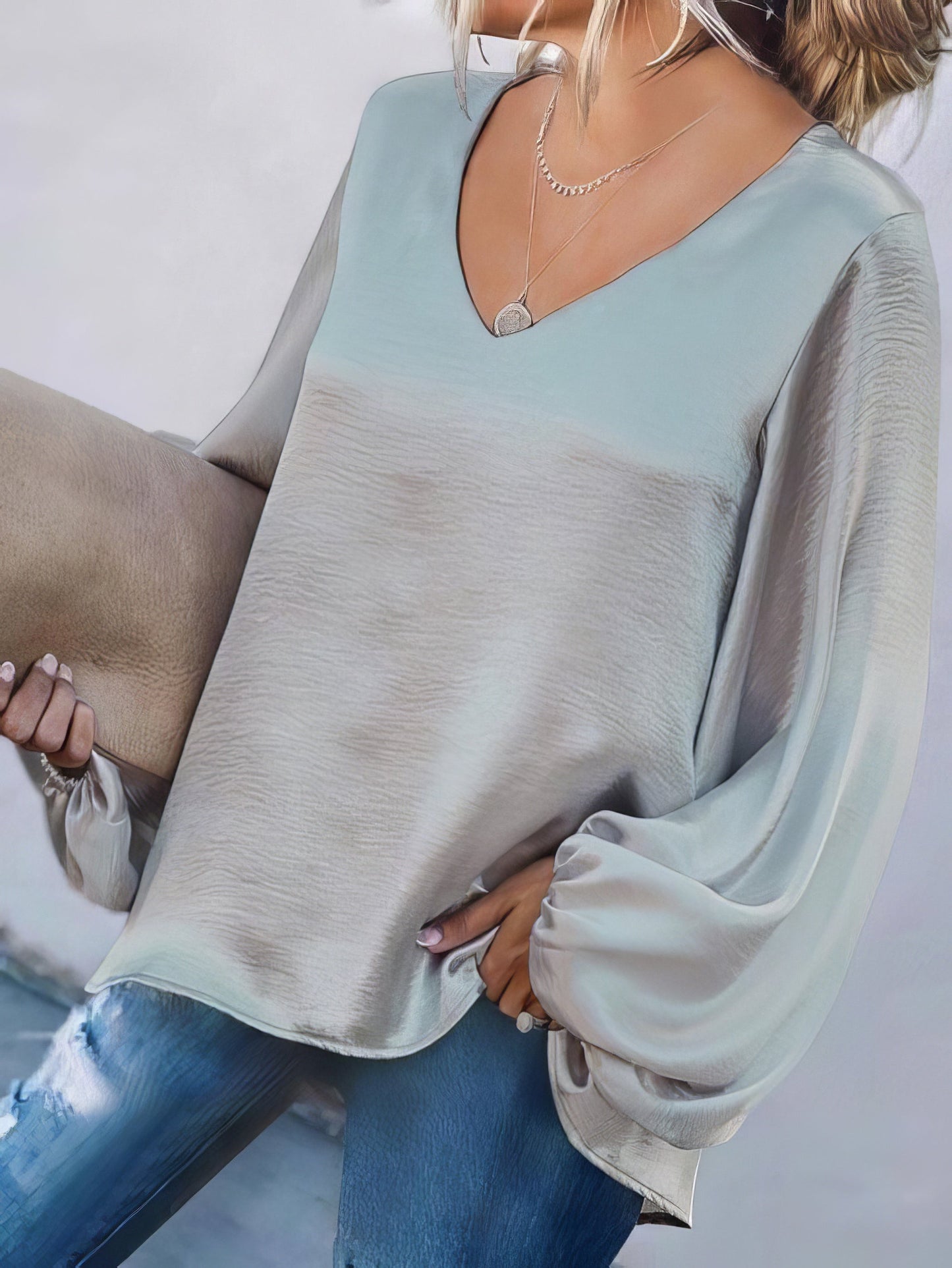 Long Sleeve Loose V-neck Solid Blouse