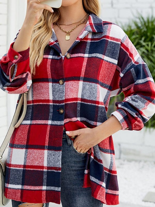 Long Sleeve Plaid Wool Medium Long Blouse