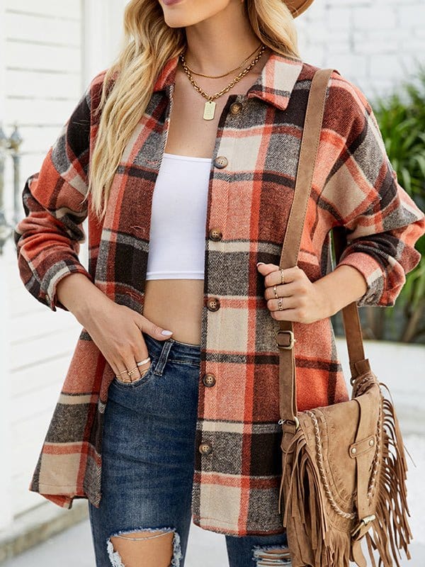 Long Sleeve Plaid Wool Medium Long Blouse