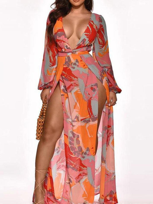 Long Sleeve Printed Split Trend Long Dress for Women