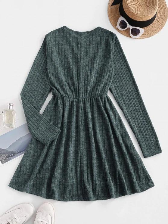 Long Sleeve Ribbed Heathered Knit Dress - LuckyFash™