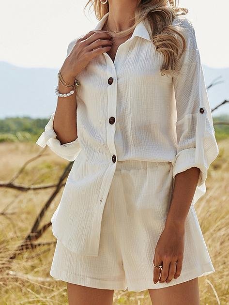 Long Sleeve Shirt Top & Shorts Two-Piece Suit for Women