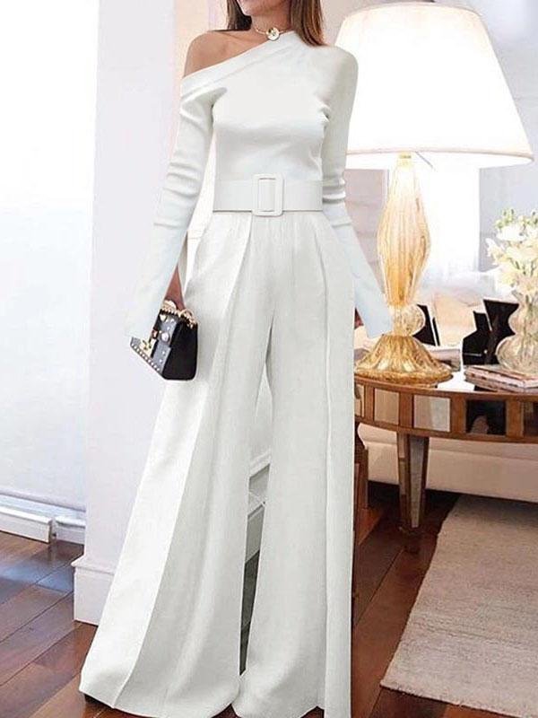 Long-sleeved One-shoulder Lace-up Wide-leg Jumpsuit for Women