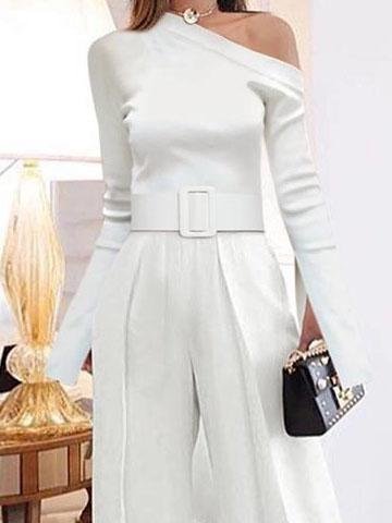 Long-sleeved One-shoulder Lace-up Wide-leg Jumpsuit - LuckyFash™