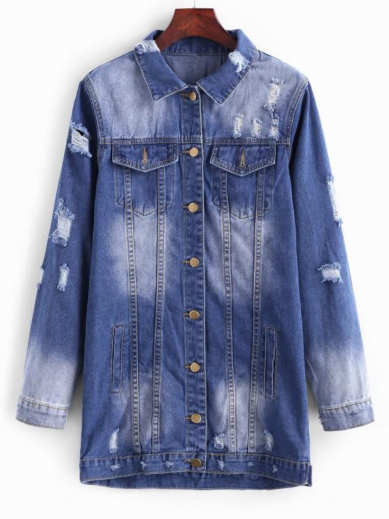 Longline Button Up Distressed Denim Coat for Women