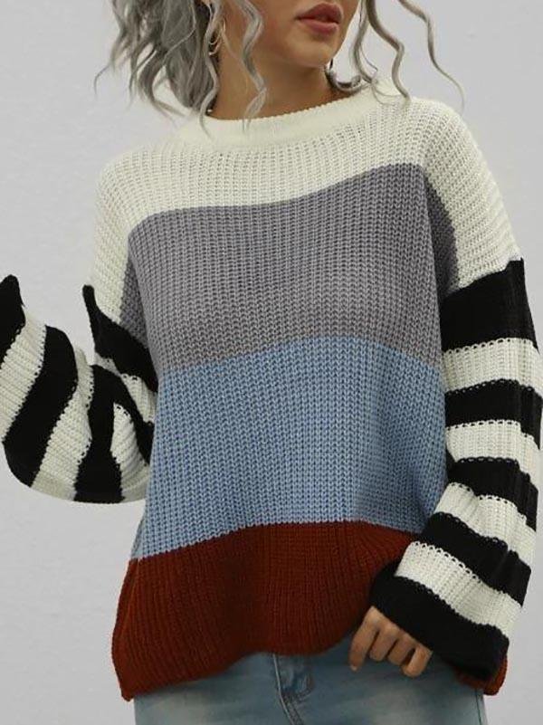 Loose Colorblock Stripes Crew Neck Sweater - LuckyFash™