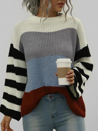 Loose Colorblock Stripes Crew Neck Sweater for Women