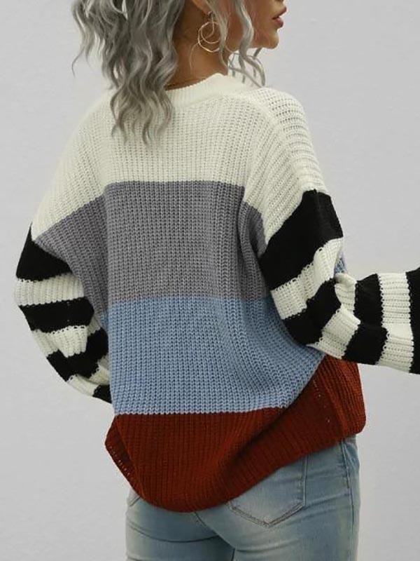 Loose Colorblock Stripes Crew Neck Sweater - LuckyFash™