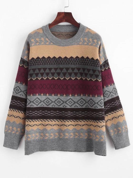 Loose Crew Neck Fair Isle Knit Sweater for Women