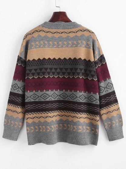 Loose Crew Neck Fair Isle Knit Sweater - LuckyFash™