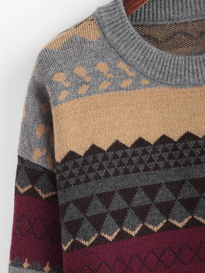 Loose Crew Neck Fair Isle Knit Sweater - LuckyFash™