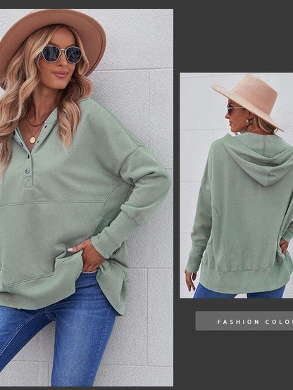 Loose Fit V-Neck Hooded Batwing Sweatshirt with Patchwork Buttons