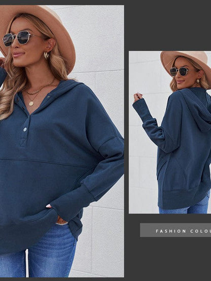 Loose Fit V-Neck Hooded Batwing Sweatshirt with Patchwork Buttons