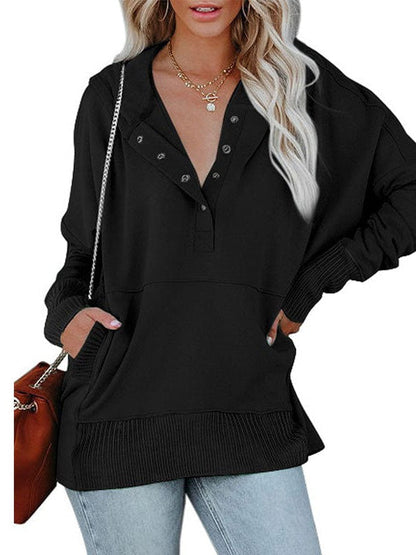 Loose Fit V-Neck Hooded Batwing Sweatshirt with Patchwork Buttons