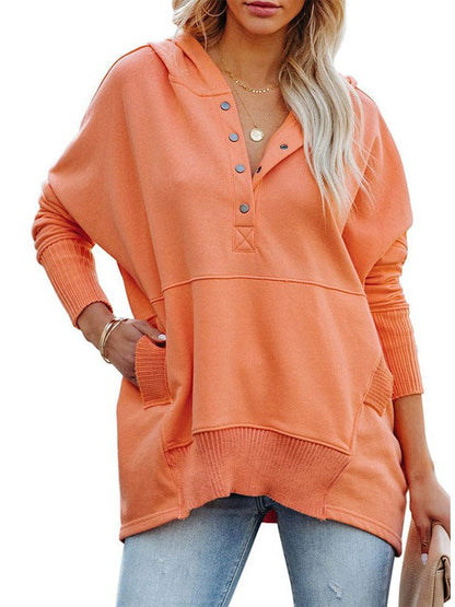 Loose Fit V-Neck Hooded Batwing Sweatshirt with Patchwork Buttons