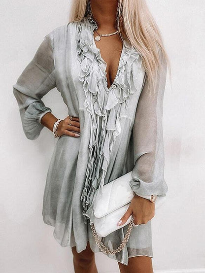 Loose Lapel Long Sleeve Chiffon Dress for Women