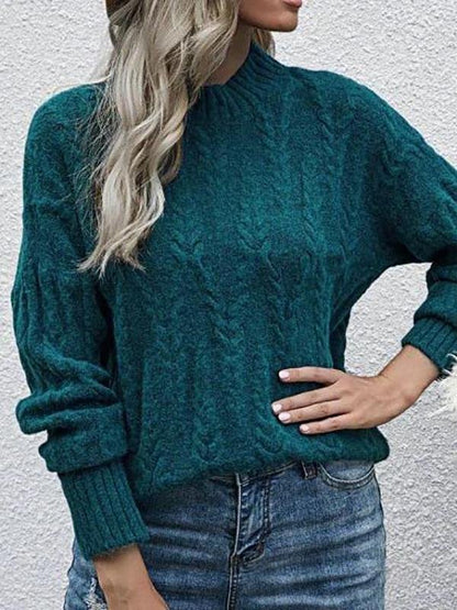 Loose Mock Neck Cable Knit Sweater - LuckyFash™