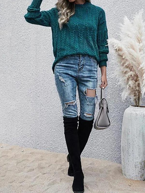 Loose Mock Neck Cable Knit Sweater - LuckyFash™